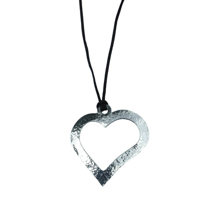 Open Heart Pendant Necklace, (Hammered Design), Handcast Pewter on Adjustable Waxed Cord