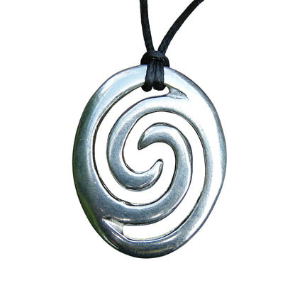 Oval Wave Pendant Necklace, Handcast Pewter on Adjustable Waxed Cord