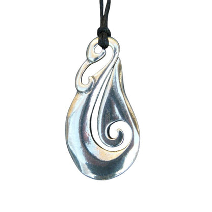 Fish Hook Pendant Necklace (Simple Curved Design), Maori-Inspired Handcast Pewter Pendant on Adjustable Waxed Cord