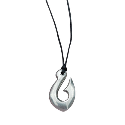 Maori Fish Hook Pendant Necklace (Small), Handcast Pewter Pendant on Adjustable Waxed Cord