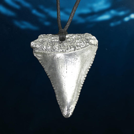 Great White Shark Tooth Pendant, Cast from Real Tooth in Handcast Pewter on Adjustable Waxed Cord