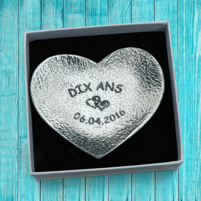 Hammered Personalised 10th Anniversary Pewter Keepsake Dish, 10 Years, Heart Design