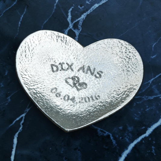 Hammered Personalised 10th Anniversary Pewter Keepsake Dish, 10 Years, Heart Design