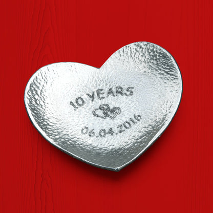 Hammered Personalised 10th Anniversary Pewter Keepsake Dish, 10 Years, Heart Design