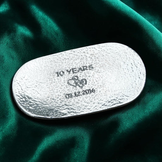 Hammered Personalised 10th Anniversary Pewter Keepsake Dish, Oval Design