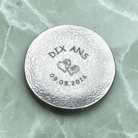 Personalised 10th Anniversary Pewter Keepsake Dish, Round Design with Date