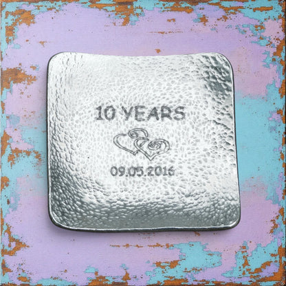 Hammered Pewter Personalised 10th Anniversary Keepsake Dish (Square)