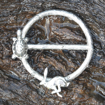 Hare and Tortoise Scarf Ring, Oak Twig Circle, Handcast Pewter, Polished Finish