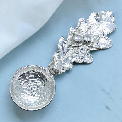 Oak Leaf and Bee Sugar Spoon, Handcast Pewter