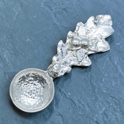 Oak Leaf and Bee Sugar Spoon, Handcast Pewter