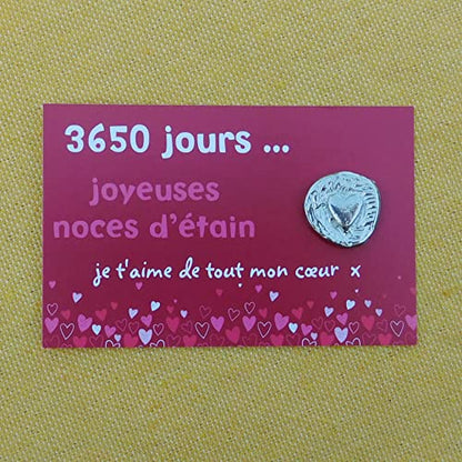 Cœur Unique Noces d’Étain, 3650 Jours de Mariage, Jeton Gravé en Étain sur Carte