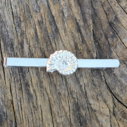 Ammonite Tie Clip, Handcast Pewter Tie Clip, Polished Finish