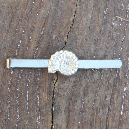 Ammonite Tie Clip, Handcast Pewter Tie Clip, Polished Finish