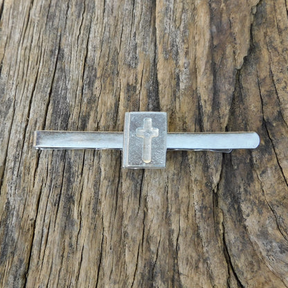 Bible Tie Clip with Inset Cross, Handcast Pewter Tie Clip, Polished Finish