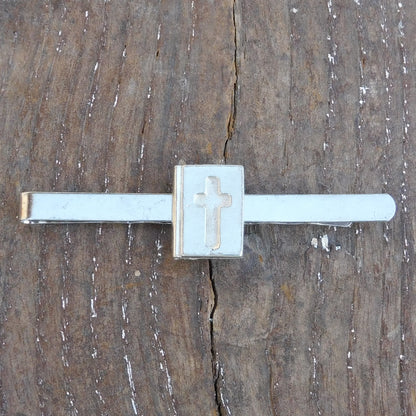 Bible Tie Clip with Inset Cross, Handcast Pewter Tie Clip, Polished Finish