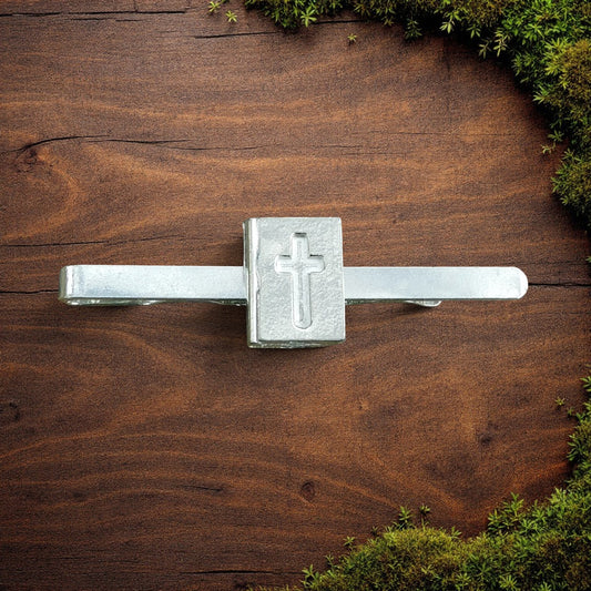 Bible Tie Clip with Inset Cross, Handcast Pewter Tie Clip, Polished Finish