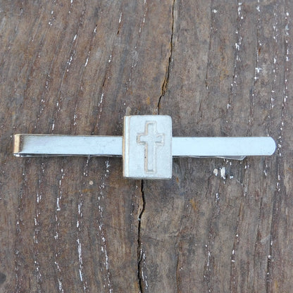 Bible Tie Clip with Raised Cross, Handcast Pewter Tie Clip, Polished Finish