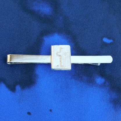 Bible Tie Clip with Raised Cross, Handcast Pewter Tie Clip, Polished Finish