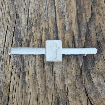 Bible Tie Clip with Raised Cross, Handcast Pewter Tie Clip, Polished Finish