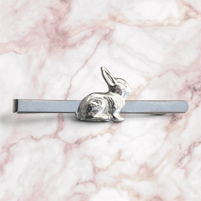 Rabbit Tie Clip, Facing Right, Handcast Pewter Tie Clip, Polished Finish