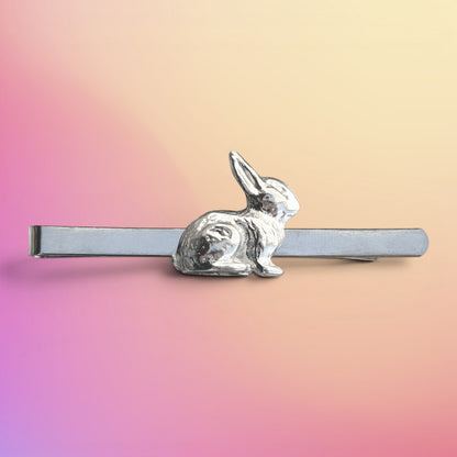 Rabbit Tie Clip, Facing Right, Handcast Pewter Tie Clip, Polished Finish