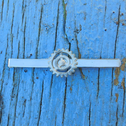Cog Tie Clip, Handcast Pewter Tie Clip, Polished Finish