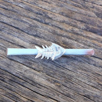 Fish Skeleton Tie Clip, Handcast Pewter Tie Clip, Polished Finish