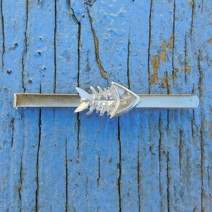 Fish Skeleton Tie Clip, Handcast Pewter Tie Clip, Polished Finish