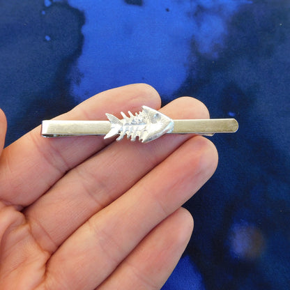 Fish Skeleton Tie Clip, Handcast Pewter Tie Clip, Polished Finish