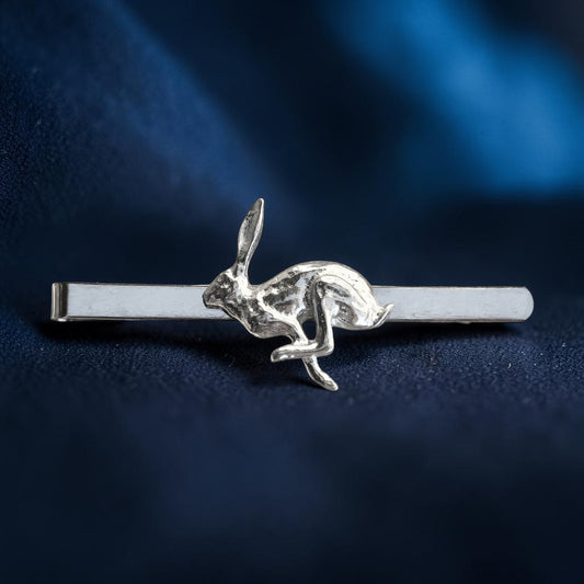 Hare Tie Clip (Running Design), Handcast Pewter Tie Clip, Polished Finish