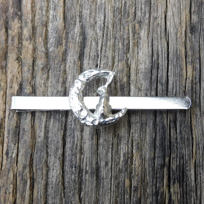 Hare and Moon Tie Clip (Rear Facing Hare), Handcast Pewter Tie Clip, Polished Finish