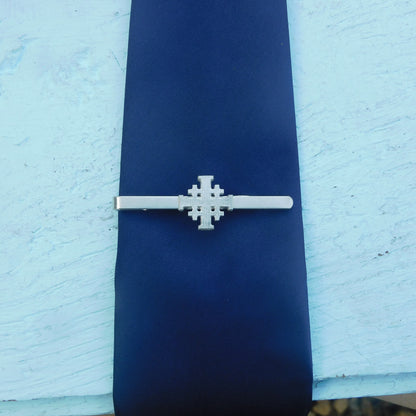 Jerusalem Cross Tie Clip (Smooth Finish), Handcast Pewter Tie Clip, Polished Finish