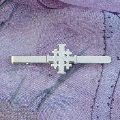 Jerusalem Cross Tie Clip (Smooth Finish), Handcast Pewter Tie Clip, Polished Finish