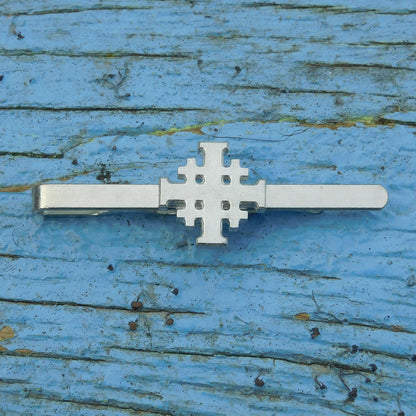 Jerusalem Cross Tie Clip (Smooth Finish), Handcast Pewter Tie Clip, Polished Finish