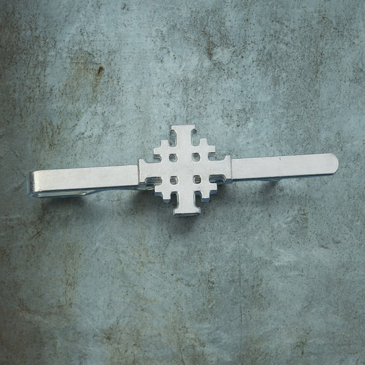 Jerusalem Cross Tie Clip (Smooth Finish), Handcast Pewter Tie Clip, Polished Finish