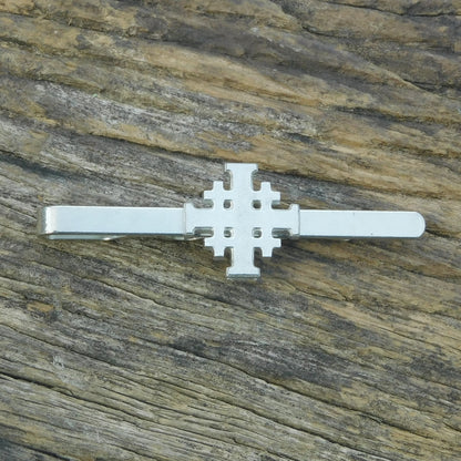 Jerusalem Cross Tie Clip (Smooth Finish), Handcast Pewter Tie Clip, Polished Finish