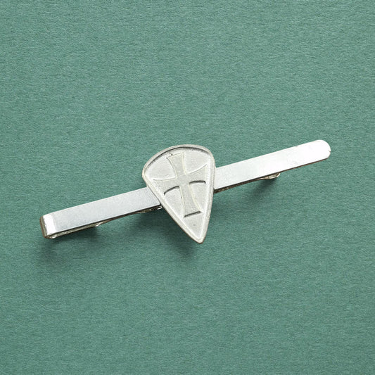 Knights Templar Tie Clip (Long Shield, Raised Cross), Handcast Pewter Tie Clip, Polished Finish