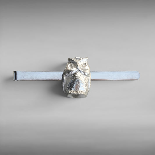 Owl Tie Clip (Perched Owl Design), Handcast Pewter Tie Clip, Polished Finish
