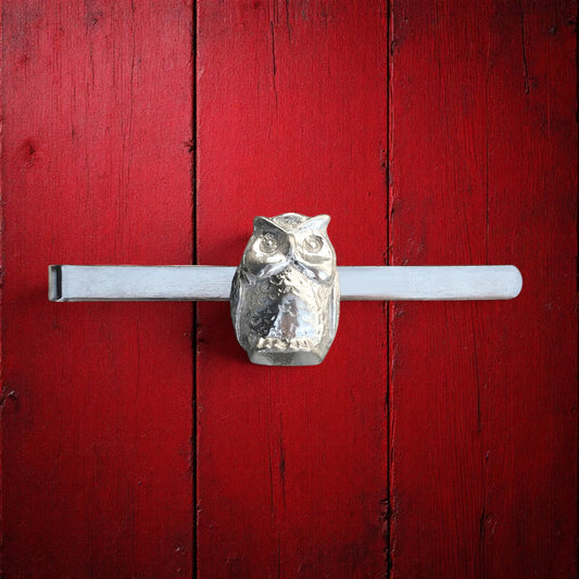 Owl Tie Clip (Perched Owl Design), Handcast Pewter Tie Clip, Polished Finish