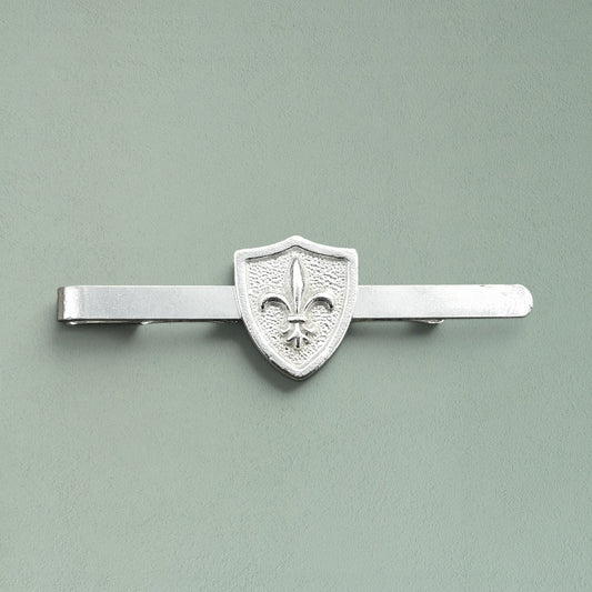Fleur-de-Lys Shield Tie Clip, Handcast Pewter with a Highly Polished Finish