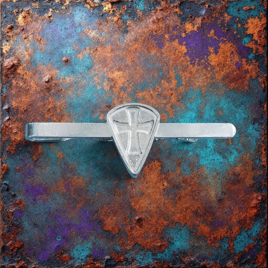 Knights Templar Tie Clip (Long Shield, Inset Cross), Handcast Pewter Tie Clip, Polished Finish