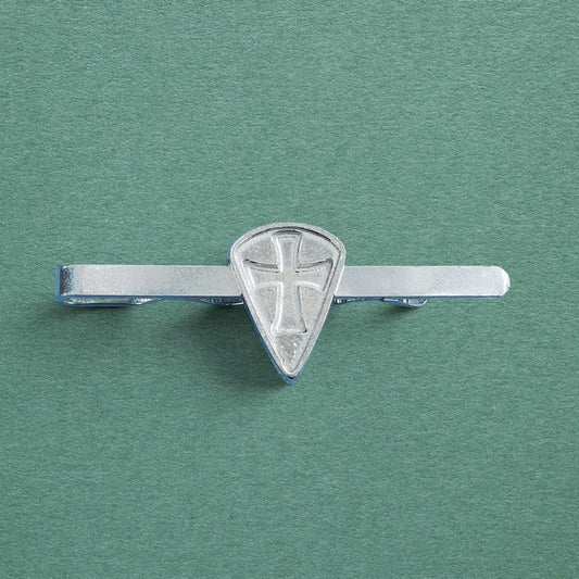 Knights Templar Tie Clip (Long Shield, Inset Cross), Handcast Pewter Tie Clip, Polished Finish