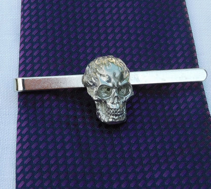 Flame Skull Tie Clip, Skull Tie Clip, Seampunk Gift, Handcast in Fine Pewter by William Sturt