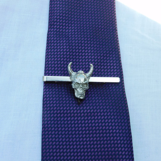 Skull Tie Clip (Horned Design), Handcast Pewter Tie Clip, Polished Finish