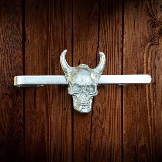 Skull Tie Clip (Horned Design), Handcast Pewter Tie Clip, Polished Finish
