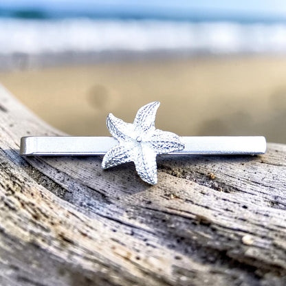Starfish Tie Clip, Handcast Pewter Tie Clip, Polished Finish