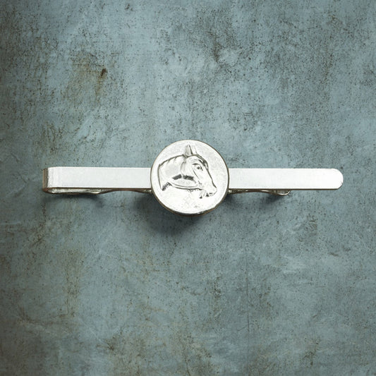 Horse Head Tie Clip (Victorian Button Design), Handcast Pewter Tie Clip, Polished Finish