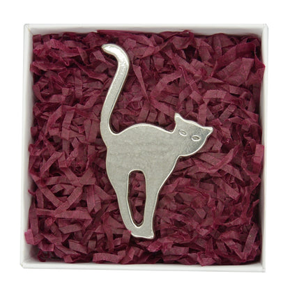Cat Brooch, (Stretching Design), Handcast Pewter, Polished Finish