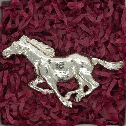 Galloping Horse Brooch, Handcast Pewter, Polished Finish