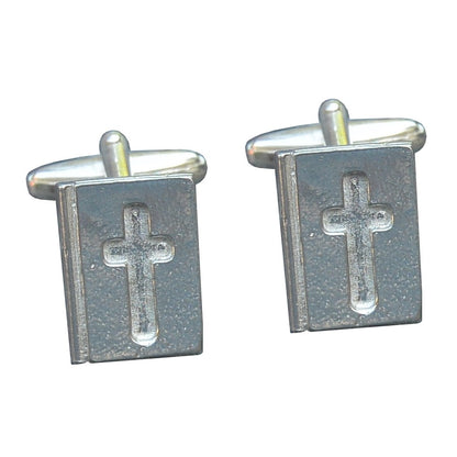 Bible Cufflinks (Inset Cross Design), Handcast Pewter Cufflinks, Polished Finish